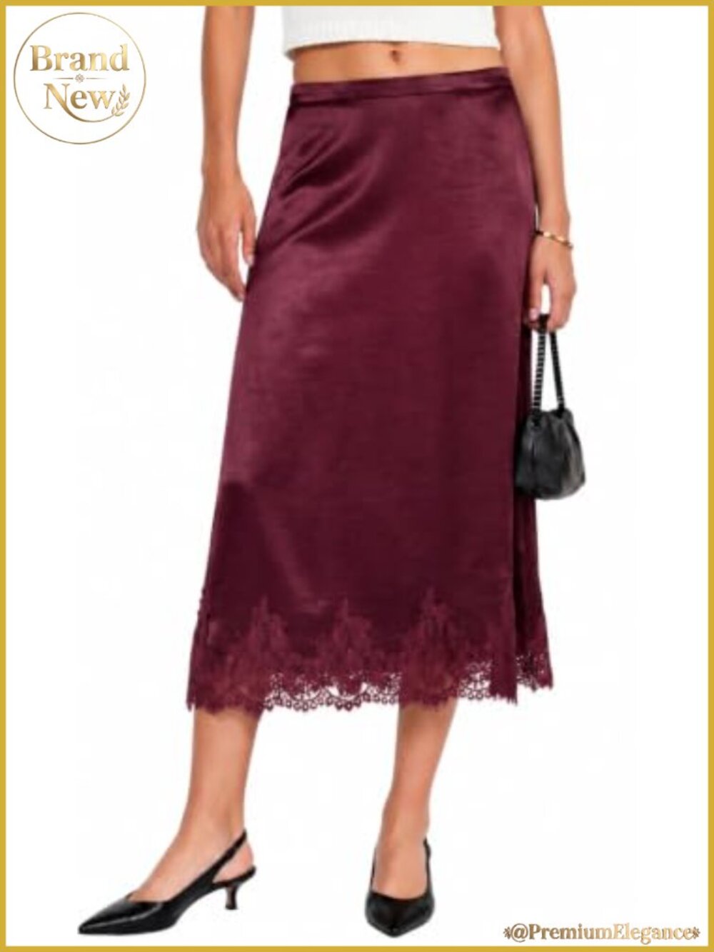 Satin Lace Trim Midi Skirt High Waisted A-Line Flowy Elegant